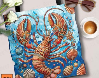 Sac cabas homard, cabas plage côtière, sac marché coquillages, cabas océan aspect perles, cadeau pour amoureux de la plage, cabas nautique