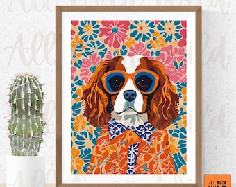 Cavalier King Charles Spaniel Art Print, Boho CKCS Wall Decor, Whimsical Cavie Poster, Matisse Style Artwork