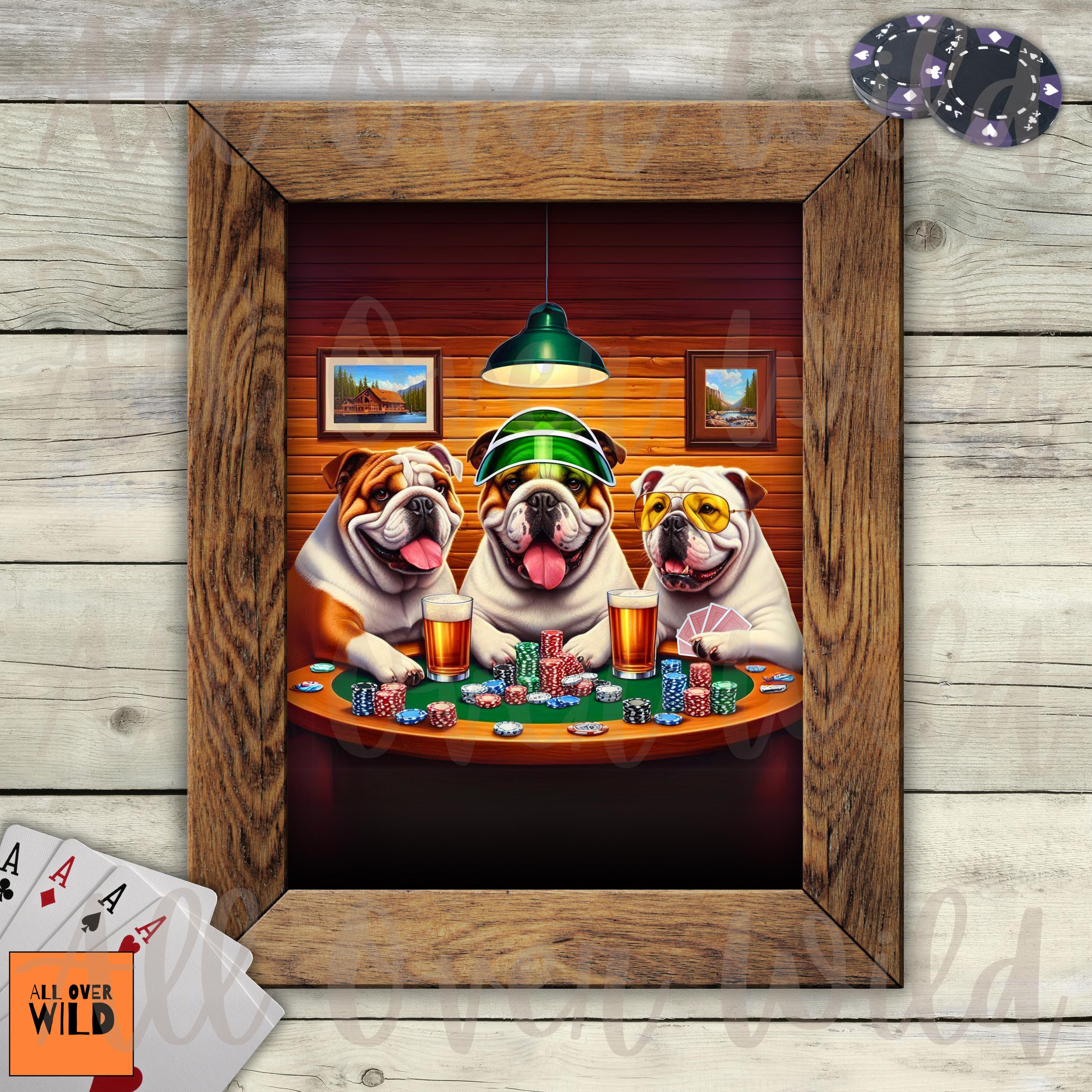 English Bulldog Poker Art Print, Funny Dogs Playing Cards Poster