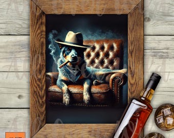 Blue Heeler Cowboy Wall Art, Australian Cattle Dog Poster, ACD Ranch Decor, Heeler Mom Dad Gift, Western Dog Cigar Print