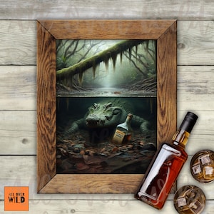 Swamp Alligator Wall Art, Bourbon Gator Print, Southern Gothic Decor, Whiskey Lounge Poster, Bayou Wildlife Art, Weird Gift