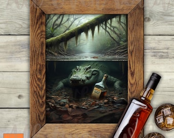Swamp Alligator Wall Art, Bourbon Gator Print, Southern Gothic Decor, Whiskey Lounge Poster, Bayou Wildlife Art, Weird Gift