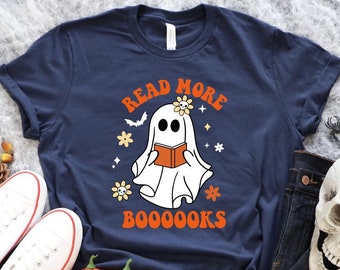 Read More Books Shirt,Ghost Reading Books Shirt,Teacher Halloween Shirt,Halloween Party Tee,Cute Ghost Shirt,Fall Sweatshirt for Book Lovers