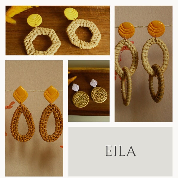 EILA // sommerliche Statement-Ohrringe aus Polymer Clay und Rattananhänger, UV-Resin und Edelstahl