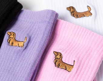 Calcetines bordados con diseño de perro salchicha - Calcetines unisex de algodón con diseño de perro salchicha