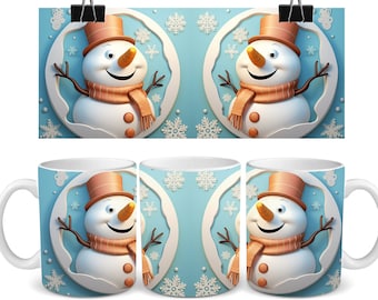 3D Snowman coffee mug sublimation designs, 11oz And 15oz Mug Template,  Mug Wrap Template, Instant Digital Download PNG