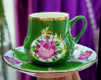 Set of 2 Rose Espresso Cup, 24k Gold Porcelain Tea Mugs, Flower Turkish Coffee Cup, Boho Macchiato Cup, Ethnic Vintage Mug