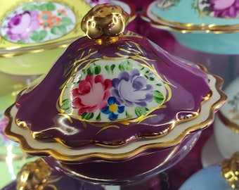 Turkish Delight Bowl, 24k Gold Porcelain Sugar Bowl, Handpainted Flower Jar, Antique Bowl, Ethnic Porcelain Candy Bowl, Gift for Her
