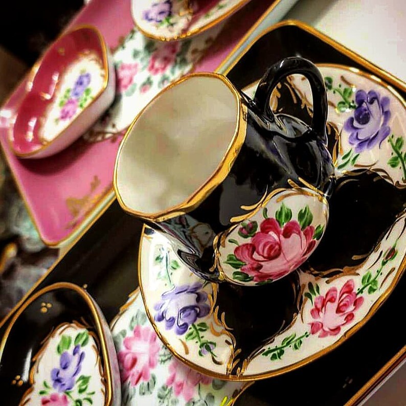 Set of 2 Rose Espresso Cup, 24k Gold Porcelain Tea Mugs, Flower Turkish Coffee Cup, Boho Macchiato Cup, Ethnic Vintage Mug Black