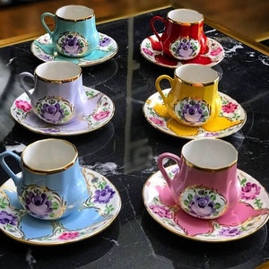 Set of 2 Rose Espresso Cup, 24k Gold Porcelain Tea Mugs, Flower Turkish Coffee Cup, Boho Macchiato Cup, Ethnic Vintage Mug image 3