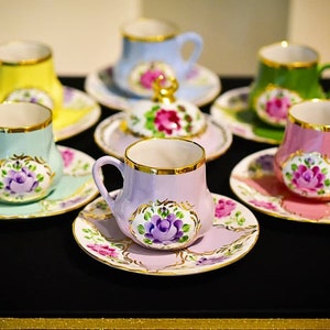 Set of 2 Rose Espresso Cup, 24k Gold Porcelain Tea Mugs, Flower Turkish Coffee Cup, Boho Macchiato Cup, Ethnic Vintage Mug Lemon