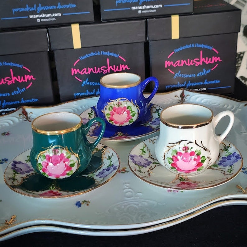 Set of 2 Rose Espresso Cup, 24k Gold Porcelain Tea Mugs, Flower Turkish Coffee Cup, Boho Macchiato Cup, Ethnic Vintage Mug image 9