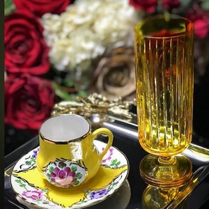 Set of 2 Rose Espresso Cup, 24k Gold Porcelain Tea Mugs, Flower Turkish Coffee Cup, Boho Macchiato Cup, Ethnic Vintage Mug Yellow