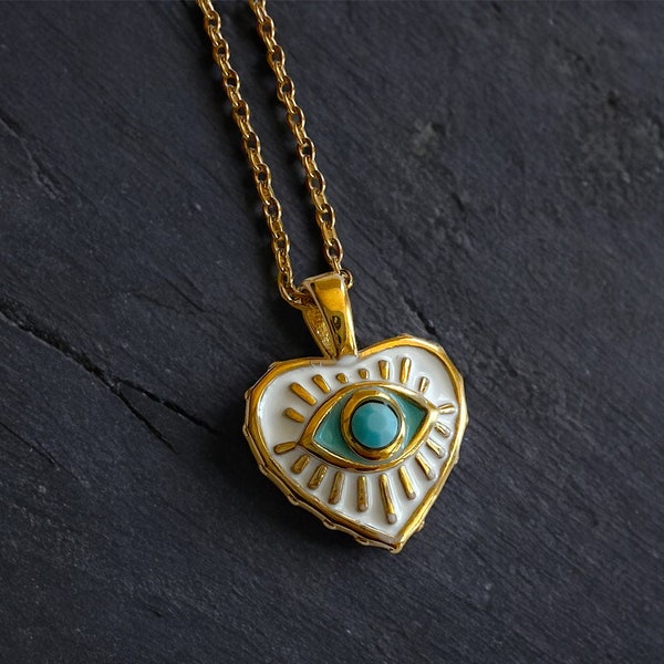Bohemian Blue Evil Eye Heart Pendant Necklace, 14K Gold Plated – Unique Boho Chic Jewelry, 18-inch Chain, Best Friend Gift