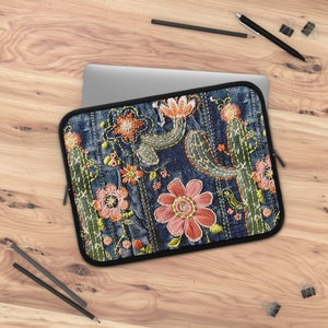 Laptop Sleeve For 13 inch Computer | Denim Pattern | Cactus Embroidery Decor | Protection Bag | Perfect Gift For Crafters