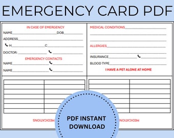 In Case of Emergency ID Card, Medical Alert Card With Medications, Emergency Contacts List, Printable Wallet Medical Card, Health Alert Card