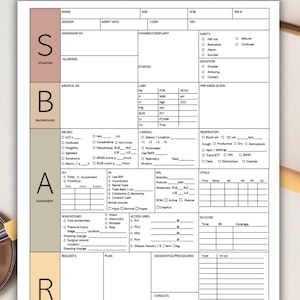Può includere: Un modulo SBAR bianco (Situazione, Background, Valutazione, Raccomandazione) con uno stetoscopio dorato e beige. Il modulo è progettato per i professionisti medici per documentare le informazioni sui pazienti.