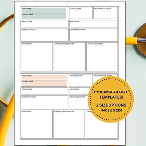 Può includere: Due modelli di farmacologia stampabili con campi vuoti per il nome commerciale, il nome generico, la classe di farmaci, gli effetti avversi, le indicazioni, le controindicazioni, la forma di dosaggio, la via di somministrazione, il meccanismo d'azione, la valutazione, le considerazioni infermieristiche e l'educazione del paziente. I modelli sono etichettati come "Modelli di farmacologia!" e "2 opzioni di dimensioni incluse!"