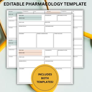 May include: Editable pharmacology template with a stethoscope. The template includes both templates. The text on the template includes Trade Name, Generic Name, Drug Class, Adverse Effects, Assessment, Dosage/Route, Mechanism of Action, Indications, Contraindications, Nursing Considerations, and Patient Education.