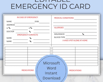 Modifiable en cas d'urgence : carte d'identité, carte d'alerte médicale avec médicaments, liste des contacts en cas d'urgence, carte médicale de portefeuille, carte d'alerte médicale