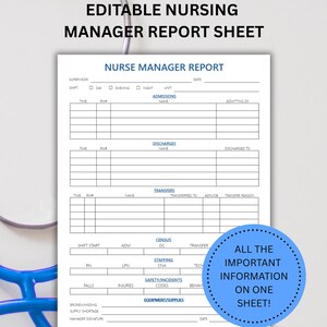 May include: A blue and silver stethoscope rests near a white sheet labeled "Nurse Manager Report." The sheet includes sections for admissions, discharges, and transfers. Text on the sheet reads "Editable Nursing Manager Report Sheet."