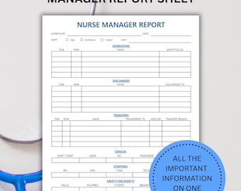 May include: A blue and silver stethoscope rests near a white sheet labeled "Nurse Manager Report." The sheet includes sections for admissions, discharges, and transfers. Text on the sheet reads "Editable Nursing Manager Report Sheet."