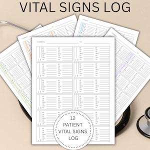 Vital Signs Log for 12 Patients, Nursing Vital Sign Sheet, Blood Pressure Log, CNA Report Sheet,  Home Health Nursing, Blood Sugar Tracker