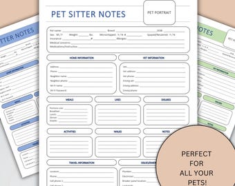 May include: Pet sitter notes in blue, green, and white. The main sheet has sections for pet information, home information, meals, likes, dislikes, activities, and travel information. The text "PET SITTER NOTES" is at the top.