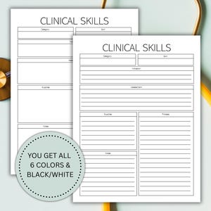 May include: Two white paper sheets with the text "CLINICAL SKILLS" are displayed. The sheets have sections for notes and assessments. A gold and yellow stethoscope is in the background, and a circular graphic states "YOU GET ALL 6 COLORS & BLACK/WHITE."