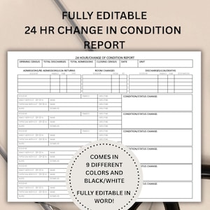 Op de afbeelding: Een medische rapporttemplate met de titel "24 HR CHANGE IN CONDITION REPORT" met een stethoscoop op de voorgrond. Het rapport bevat secties voor opnames, kamerwijzigingen en conditiewijzigingen. De tekst geeft aan dat het volledig bewerkbaar is in Word en verkrijgbaar in 9 verschillende kleuren en zwart/wit.