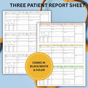 Puede incluir: Tres hojas de informe de paciente con un estetoscopio sobre un fondo azul claro. Las hojas son blancas con texto y líneas negras. Una hoja es blanca, otra amarilla y otra verde. El texto "THREE PATIENT REPORT SHEET" está en la parte superior.