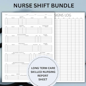 Op de afbeelding: Een verpleegkundige dienstbundel met een tekenlogboek en een rapportblad. Het witte papier heeft zwarte lijnen en tekst, waaronder "Nurse Shift Bundle" en "Long Term Care Skilled Nursing Report Sheet". Op de achtergrond staat een stethoscoop.