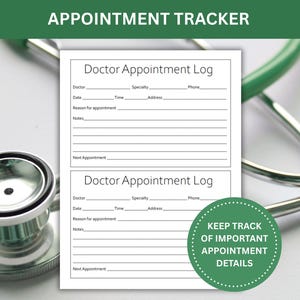 Peut inclure: Un suivi de rendez-vous en papier blanc avec deux sections Doctor Appointment Log comportant des lignes pour le m&eacute;decin, la sp&eacute;cialit&eacute;, le t&eacute;l&eacute;phone, la date, l'heure, l'adresse, le motif, les notes et le prochain rendez-vous. Le texte KEEP TRACK OF IMPORTANT APPOINTMENT DETAILS est visible.