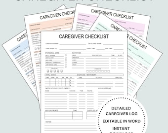 Lista de verificación para el cuidado de ancianos, cronograma del cuidador, registro diario de tareas del cuidador, planificador de enfermería de atención domiciliaria, plantilla imprimible para el cuidado de ancianos