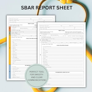 May include: Two white SBAR report sheets with medical information, text, and checkboxes. The text "SBAR REPORT SHEET" is at the top. A yellow stethoscope is in the background. The sheets are labeled "PERFECT TOOL FOR SMOOTH AND CLEAR COMMUNICATION!"