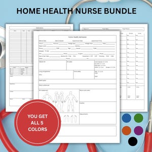 May include: A red stethoscope and several white medical forms are displayed against a light blue background. The forms include sections for patient information and medical assessments. A red circle with the text "YOU GET ALL 5 COLORS" is also visible.