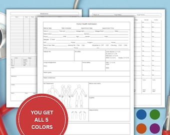 May include: A red stethoscope and several white medical forms are displayed against a light blue background. The forms include sections for patient information and medical assessments. A red circle with the text "YOU GET ALL 5 COLORS" is also visible.
