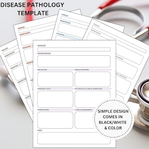 May include: A printable disease pathology template with sections for pathology, pathophysiology, risk factors, diagnostic tests, complications, clinical management, signs and symptoms, test results and clinical significance, and notes. The template is in black and white and has a simple design.