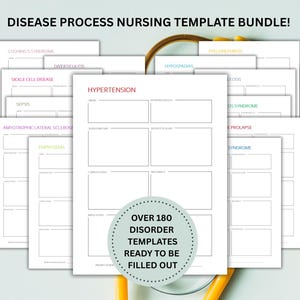 Puede incluir: Un conjunto de plantillas de enfermería imprimibles para diversas condiciones médicas, que incluyen hipertensión, sepsis y anemia de células falciformes. Las plantillas están diseñadas para ayudar a las enfermeras a documentar la atención al paciente y realizar un seguimiento del progreso. La imagen incluye el texto "Más de 180 plantillas de trastornos Listas para ser completadas".