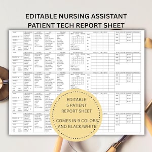 Op de afbeelding: Een wit patiëntenrapportblad met de tekst "EDITABLE NURSING ASSISTANT PATIENT TECH REPORT SHEET". Het blad bevat secties voor patiëntinformatie en vitale functies. Een stethoscoop staat in de afbeelding.