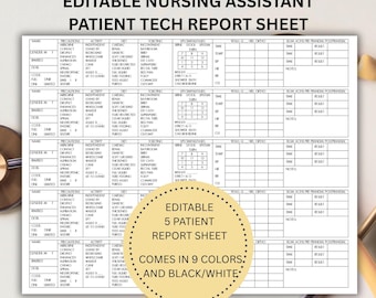 Pode incluir: Uma folha de relatório do paciente branca com o texto "EDITABLE NURSING ASSISTANT PATIENT TECH REPORT SHEET". A folha inclui seções para informações do paciente e sinais vitais. Um estetoscópio está na imagem.