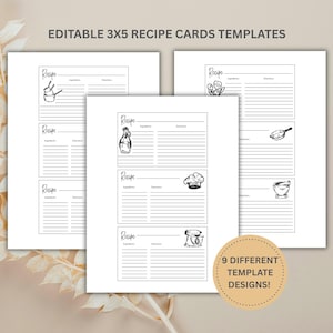 Op de afbeelding: Witte receptkaarten met zwarte lijntekeningen van keukengerei en ingrediënten. De tekst "EDITABLE 3X5 RECIPE CARDS TEMPLATES" staat bovenaan. Een ronde sticker zegt "9 DIFFERENT TEMPLATE DESIGNS!"