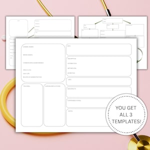 Może przedstawiać: Trzy białe szablony papieru na notatki medyczne, z różowym tłem i złotym stetoskopem. Szablony zawierają sekcje na nazwy generyczne, klasę leków i notatki. Widoczny jest również tekst "YOU GET ALL 3 TEMPLATES!".