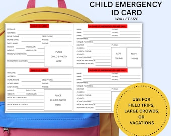 Kinder Notfallausweis Printable | Kinder Sicherheit ID | Lost Child Karte | Medizinisches Abzeichen | Autismus Karte | Exkursion ID | Notfallkontakt-Abzeichen