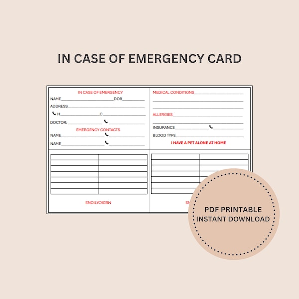 In Case of Emergency ID Card, Medical Alert Card With Medications, Emergency Contacts List, Printable Wallet Medical Card, Health Alert Card