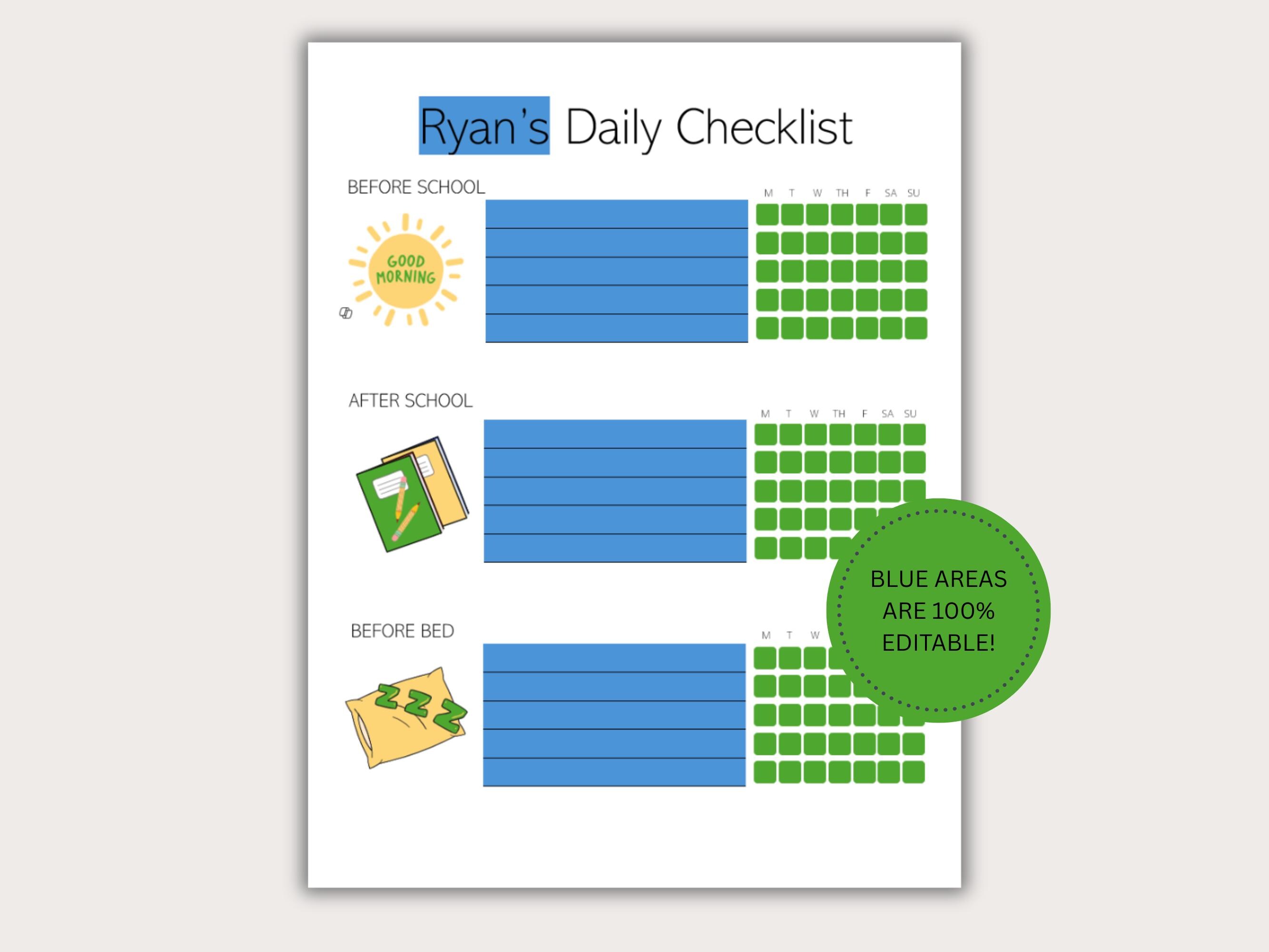 Editable Chore Chart, Kids Chore Chart, Daily Kids Responsibility Chart ...