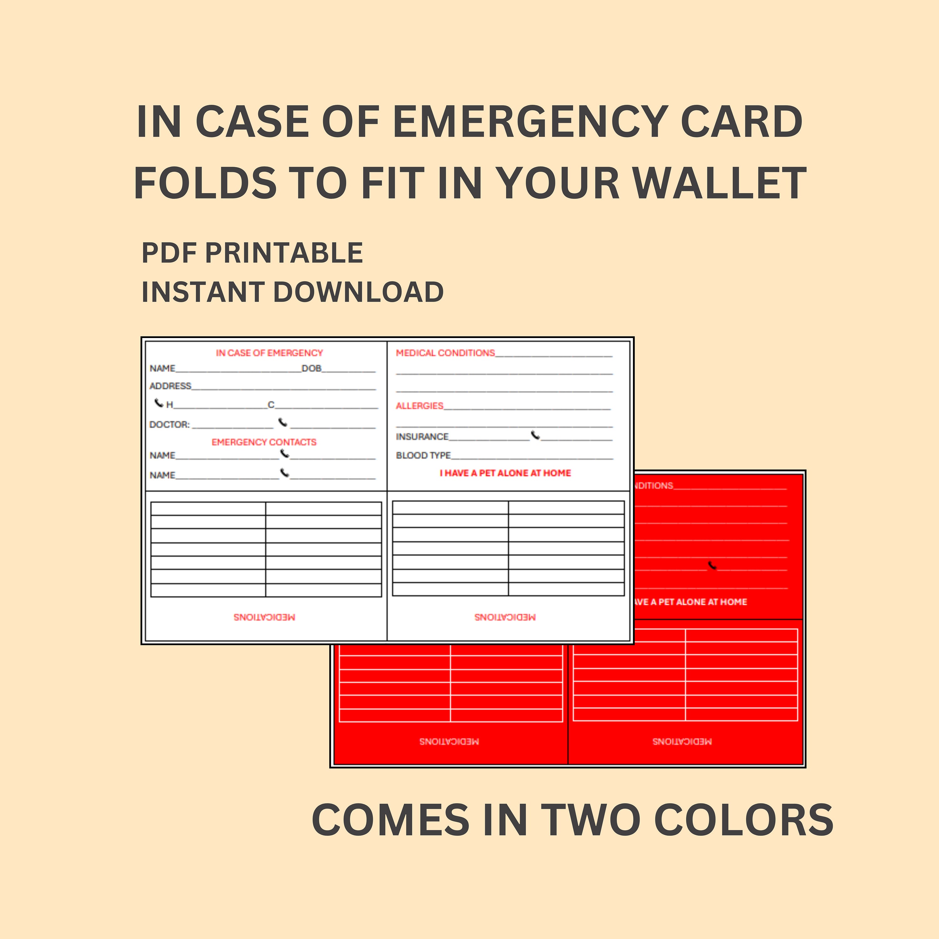 In Case of Emergency ID Card, Medical Alert Card With Medications ...