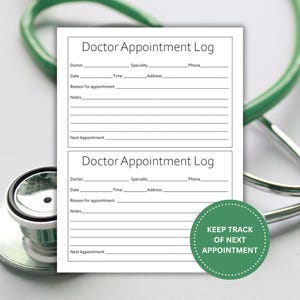 Peut inclure: Une feuille de papier blanche pr&eacute;sentant deux formulaires de journal de rendez-vous m&eacute;dicaux avec des champs pour le m&eacute;decin, la sp&eacute;cialit&eacute;, le t&eacute;l&eacute;phone, la date, l'heure, l'adresse, le motif, les notes et le prochain rendez-vous. Un st&eacute;thoscope vert est visible derri&egrave;re le papier, et un cercle vert avec le texte KEEP TRACK OF NEXT APPOINTMENT est dans le coin.