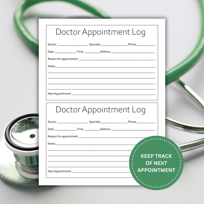 Peut inclure: Une feuille de papier blanche pr&eacute;sentant deux formulaires de journal de rendez-vous m&eacute;dicaux avec des champs pour le m&eacute;decin, la sp&eacute;cialit&eacute;, le t&eacute;l&eacute;phone, la date, l'heure, l'adresse, le motif, les notes et le prochain rendez-vous. Un st&eacute;thoscope vert est visible derri&egrave;re le papier, et un cercle vert avec le texte KEEP TRACK OF NEXT APPOINTMENT est dans le coin.
