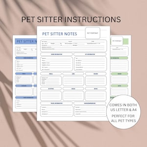Pet Sitter Sheet, Pet Sitter Instructions, Pet Sitter Notes, Dog Sitter, Cat Sitter, Pet Sitter Checklist,Printable Template, Pet Care Guide